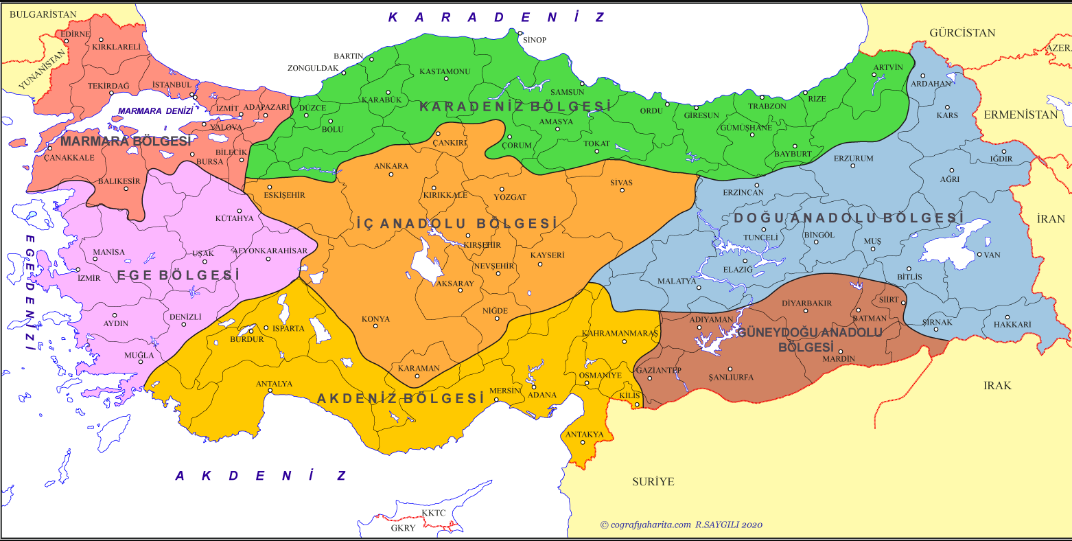Türkiye'nin yedi coğrafi bölgesi, illeri, denizleri ve komşu ülkeleri